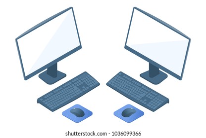 Flat isometric illustration of personal computer monitor, keyboard and mouse. Office and school left and right view of PC. Business, education, work, entertainment electronic equipment vector concept.