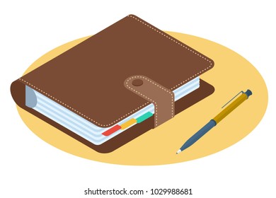 Flat isometric illustration of personal planner. Business workplace accessory and supply isolated on white background. Office desktop element vector concept: agenda with leather cover and ring binder.