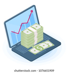 Flat isometric illustration of pile of banknotes on the office laptop, growth graph on the screen. The online business increase, money, earnings, profit, success, vector concept isolated on white.