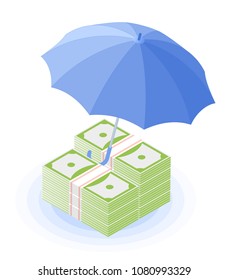 Ilustración isométrica plana de la pila de billetes bajo el paraguas. La fiabilidad y seguridad de los depósitos, la protección del dinero, la asistencia en efectivo, las empresas, el concepto de vectores bancarios aislado en el fondo blanco.
