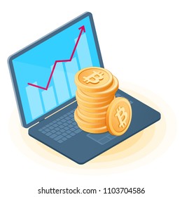 Flat isometric illustration of pile of bitcoins on the office laptop, increasing graph on the screen. The online business growth, profit, success, e-commerce, blockchain, cryptocurrency vector concept