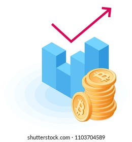 Flat isometric illustration of pile of bitcoins at the growth graph. The online business increase, money, e-commerce, blockchain, cryptocurrency, profit, wealth, success, vector isolated concept.