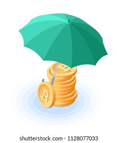 Flat isometric illustration of pile of bitcoins under the umbrella. The reliability and safety, money protection, cash care, business, banking, e-commerce, blockchain, cryptocurrency vector concept.