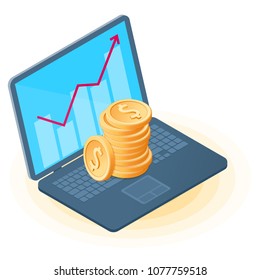 Flat isometric illustration of pile of coins on the office laptop, increasing graph on the screen. The online business growth, money, earnings, profit, success, vector concept isolated on white.