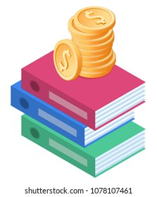 Flat isometric illustration of pile of coins on the stack of folders. The business growth, earnings, profit, success, wages, revenue, office stationery vector concept isolated on white background.