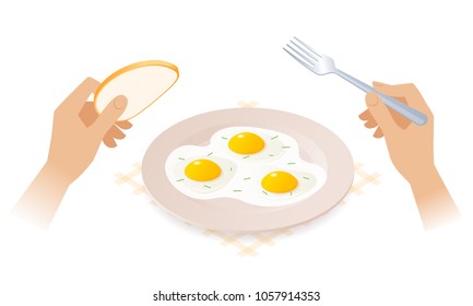 Flat isometric illustration of plate with scrambled eggs, hands holding fork, piece of bread. The morning eating of bread and omelette from ceramic dish. The breakfast, ingestion, food vector concept.