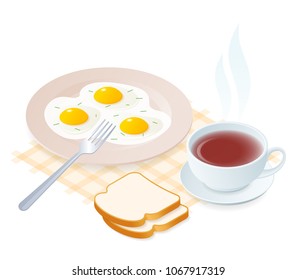 Flat isometric illustration of plate with scrambled eggs, fork, teacup. The dish with fried omelette, a cup of hot herbal tea. Vector food, breakfast elements isolated on white background.