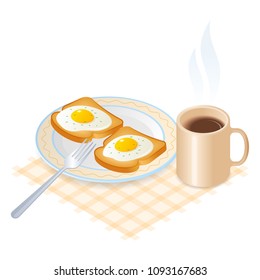 Flat isometric illustration of plate with scrambled eggs on the toasts, a cup of coffee. The fried chicken eggs on a crisp bread on the the dish, a mug of hot coffee. The breakfast vector concept.