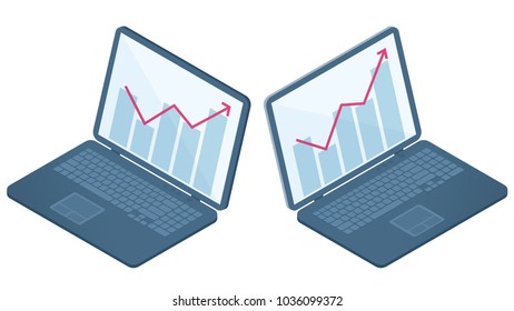 Flat isometric illustration of portable personal computer. Office and school left and right view of laptop. Business, education, work, entertainment electronic wireless equipment vector concept.