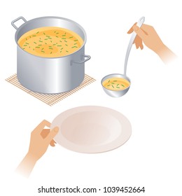 Flat isometric illustration of pot with soup and hands with empty plate and ladle. Steel pan with broth, dish and kitchen utensils isolated on white background. Cooking food, cookware vector concept.