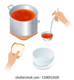 Flat isometric illustration of saucepan with tomato soup, hands with piece of bread and ladle, empty bowl. Steel pan with vegetable broth, kitchen utensils. Cooking and eating food vector concept.