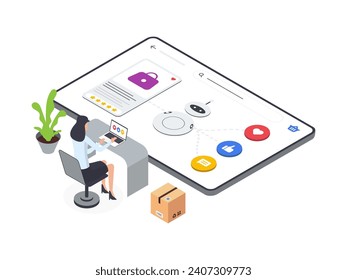 Flat Isometric illustration set of AI powered woman creating ads for an ecommerce platform. Empowering efficient and intelligent advertising in e commerce.