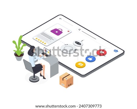 Flat Isometric illustration set of AI powered woman creating ads for an ecommerce platform. Empowering efficient and intelligent advertising in e commerce.