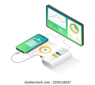 Ilustración isométrica plana análisis de datos de batería de carga de smartphone