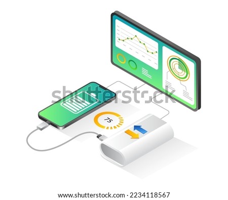 Flat isometric illustration smartphone charge battery data analysis