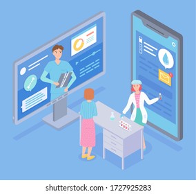Flat isometric illustration of smartphone and display of computer. Online consultation with doctor, physician. Lab assistant show results of medical test, hold flask. Income message at screen of phone