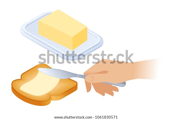パンのスライスにバターを塗った平らなアイソメイラスト 手はナイフを持ち トーストの上のバター皿からマーガリンを広げる 料理 食べ物 朝食のベクター画像コンセプト のベクター画像素材 ロイヤリティフリー