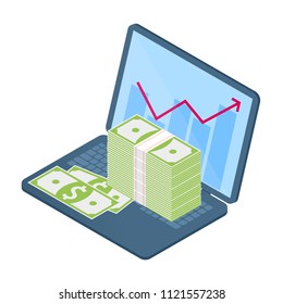 Flat isometric illustration of stack of banknotes on the office laptop, growth graph on the screen. The business increase, money, online earnings, profit, success, vector concept isolated on white.