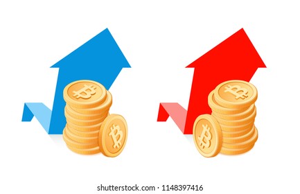 Flat isometric illustration of stack of dollar coins on a increase graphs background. The growth business, growing money, digital crypto currency, profit, wealth, blockchain, vector isolated concept.