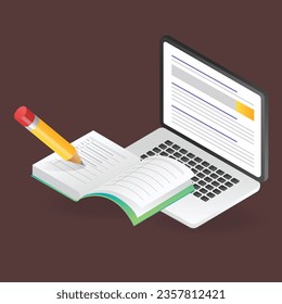 Flat isometric illustration of studying online with laptop