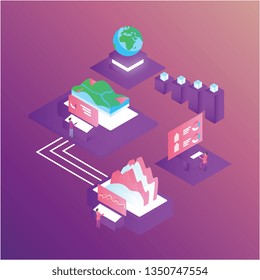 Flat isometric illustration style. a team make a discussion in the room working using laptop analyzing geography concept for website or mobile phone ui