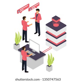 Flat isometric illustration style. a team make a discussion in the room working using laptop analyzing website SEO with concept for website or mobile phone ui