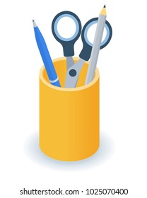 Flat isometric illustration of supplies desktop organizer. Office and school vector concept: pens and pencils yellow holder cup. Business and education workplace element isolated on white background.