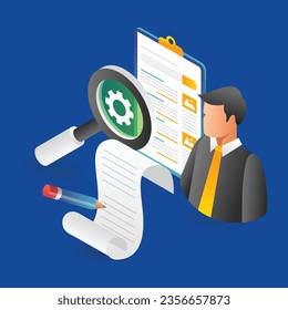 Flat isometric illustration of taking notes and looking for information