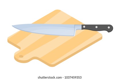 Flat isometric illustration of wooden cutting board and kitchen knife. Household cutlery isolated on white background. Cooking domestic kitchenware, utensils vector concept: bamboo plank, steel knife.