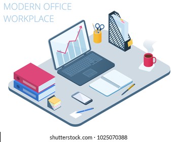 Flat isometric illustration of workplace. Office workspace with modern technologies equipment and stationery: laptop, smart phone, note book, file folder, organizer. Vector business work desk concept.