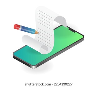 Flat isometric illustration of writing paper on smartphone