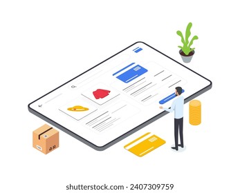 Flat Isometric illustrations of a man using a computer to select payment methods on various e commerce platforms. Modern and user friendly interface
