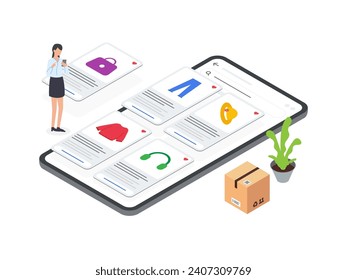 Isometric Flat ilustraciones de mujeres usando smartphones para crear listas de deseos en plataformas de ecommerce. Perfecto para mostrar los deseos y preferencias de las compras.