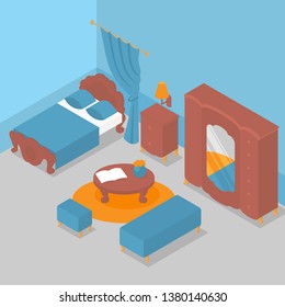 Flat isometric interior of bedroom, wooden furniture with classic design. Apartment, traditional living room decoration. Nightstand, bed and drawers. Wardrobe, mirror and ottoman