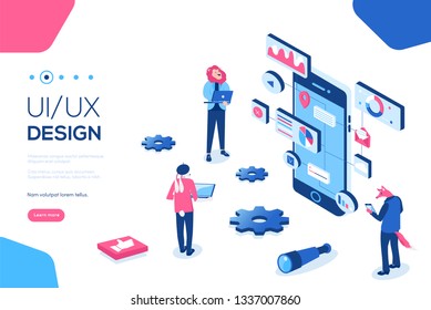 Flat isometric isolated on white background. UX / UI design concept with character and text place. Can use for web banner, infographics, header images vector illustration. 