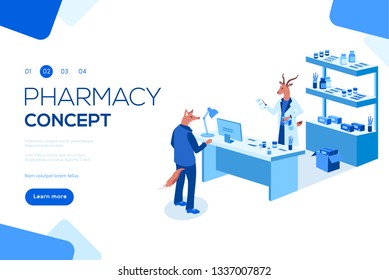 Flat isometric isolated on white background. Doctor pharmacist and patient in drugstore. Can use for web banner, infographics, header vector illustration.