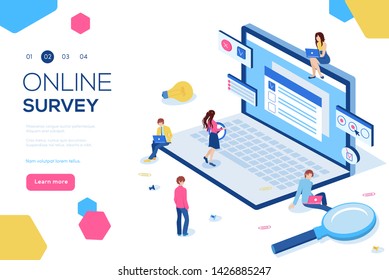 Flat isometric  isolated on white background. Online survey concept with characters. Can use for web banner, infographics, header vector illustration. 