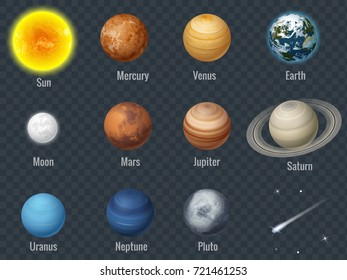 Flat Isometric Isolated Set Of Planets In The Solar System On Transparent Background Infographics Template Vector Illustration