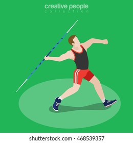 Flat isometric Javelin Thrower vector illustration. Sportsman (athlete) 3d isometry image. Summer sports concept.