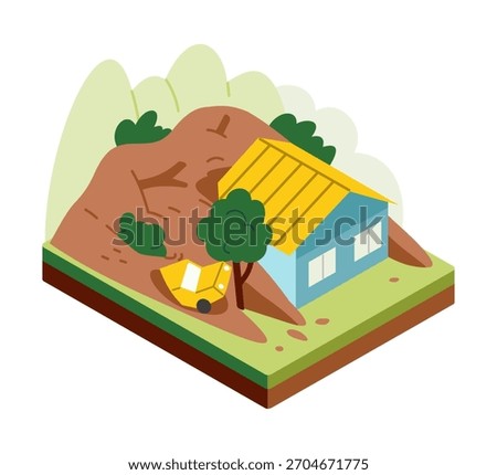 Flat isometric landslide scene. House and vehicle buried by hill collapse. Vector illustration isolated on white background