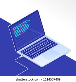 Flat Isometric Laptop. Conception Of Programming And Software Development, Program Code On Laptop Screen, Big Data Processing, Computing Isometric. Vector Illustration Isolated For Web Page