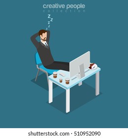 Flat isometric lazy businessman sleeping during coffee break, office working place, drinks and cake on table vector illustration. 3d isometry business concept.