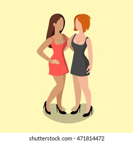 Flat isometric lesbian couple vector illustration. 3d isometry LGBT concept.