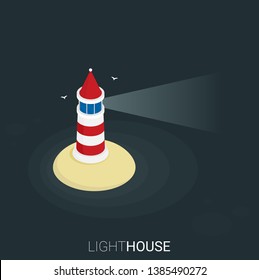 Flat isometric lighthouse icon on blue sea, illustration vector background
