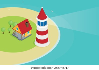 Icono de faro isométrico plano sobre el mar azul, fondo vectorial de ilustración