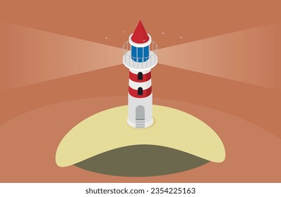 Flat isometric lighthouse icon on blue sea, illustration vector background