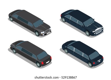 Flat isometric limousine isolated on white background vector illustration set. 3d isometry VIP Transportation concept.