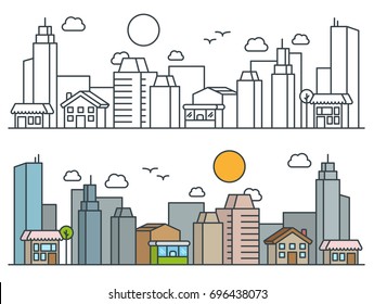 Flat Isometric Line City Street Landscape View Concept with Buildings, Roads, Trees. Editable Stroke. Black and Filled Outline Version. Minimal Icon Illustration.