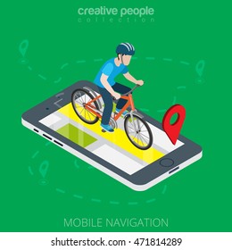 Flat isometric male cyclist over smartphone with GPS app map vector illustration. 3d isometry mobile navigation concept. Online or offline pocket navigator application image.