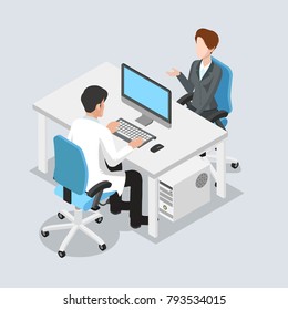 Flat isometric male doctor at PC computer screen with female business patient healthcare vector illustration. Health care hospital medical staff in uniform. Professional medicine team concept.